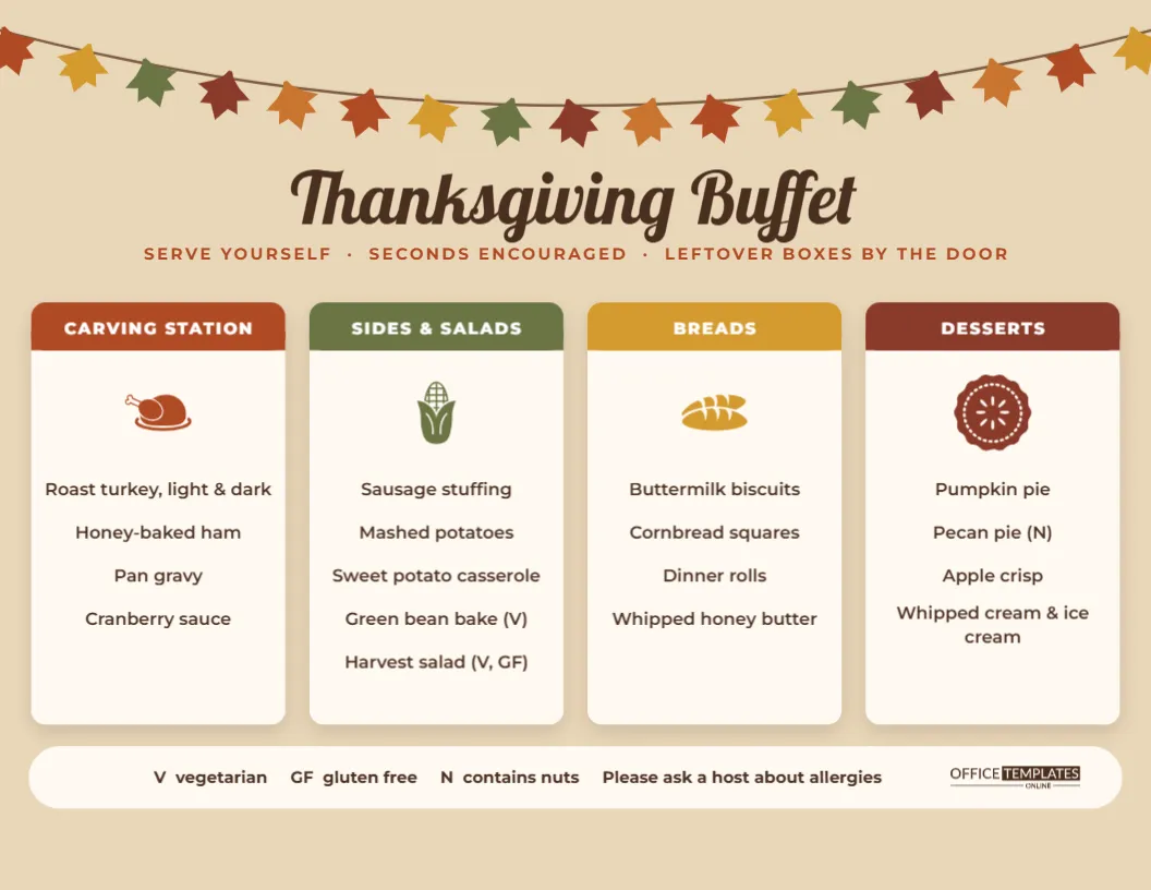 Thanksgiving Buffet Menu Template with Food Stations