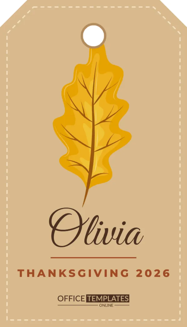 Thanksgiving Leaf Place Card Tag with a Golden Oak Leaf – free editable Thanksgiving template
