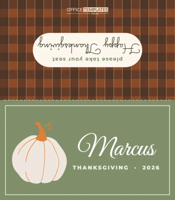 Pumpkin Thanksgiving Place Card with a Plaid Back (Folded Tent)
