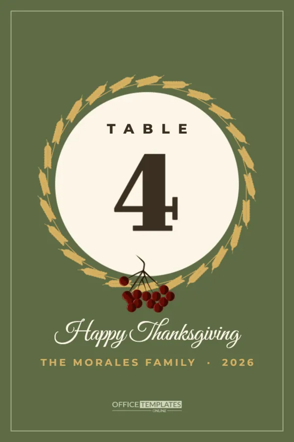 Thanksgiving Table Number Card with a Golden Wheat Wreath – free editable Thanksgiving template