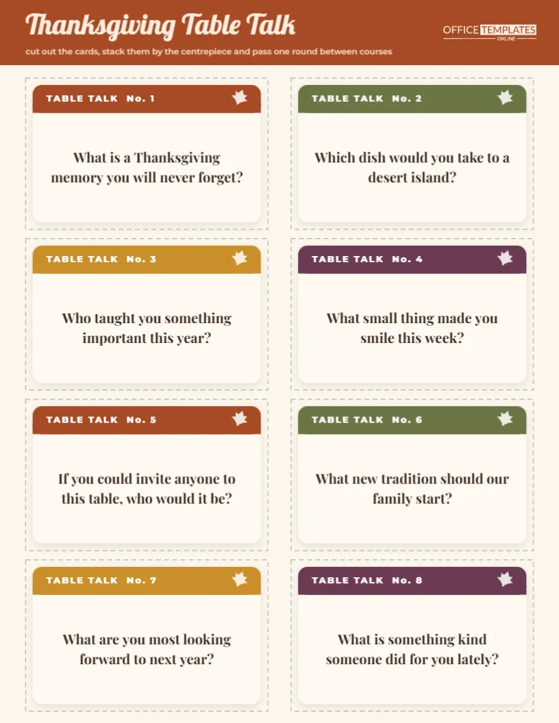 Thanksgiving Table Talk Conversation Cards, Eight Questions per Sheet