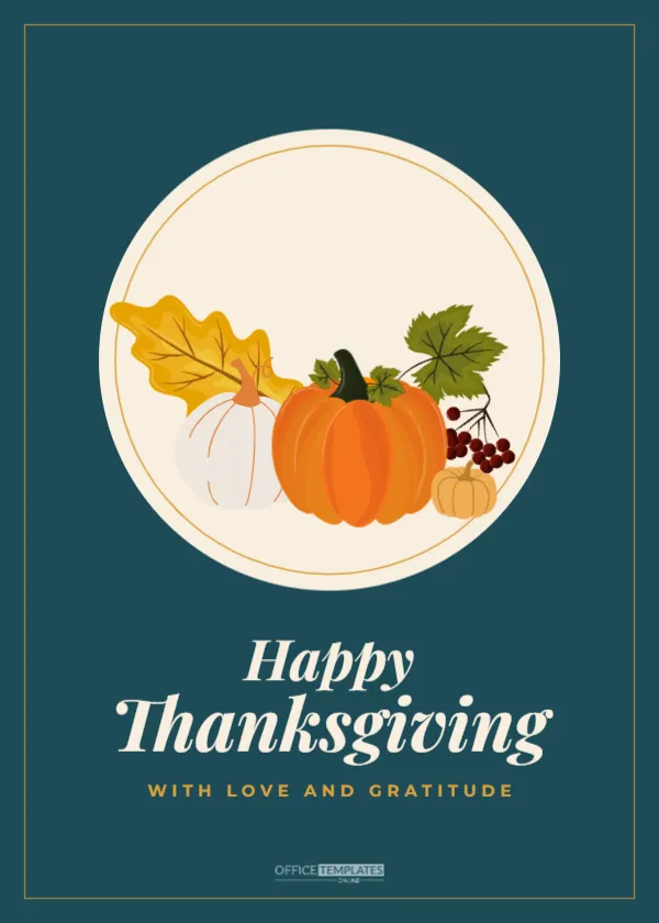Happy Thanksgiving Greeting Card with Pumpkins on Deep Teal – free editable Thanksgiving template