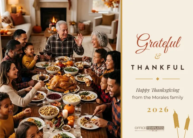 Thanksgiving Photo Card with Grateful and Thankful Script – free editable Thanksgiving template