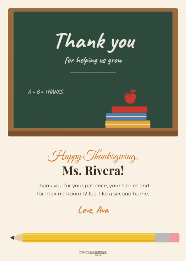 Teacher Thanksgiving Thank-You Card with a Chalkboard and Pencil – free editable Thanksgiving template