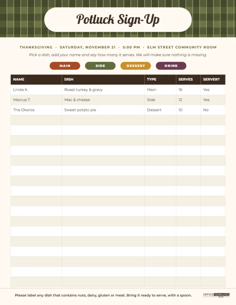 Thanksgiving Potluck Sign-Up Sheet with a Dish Category Table – free editable Thanksgiving template