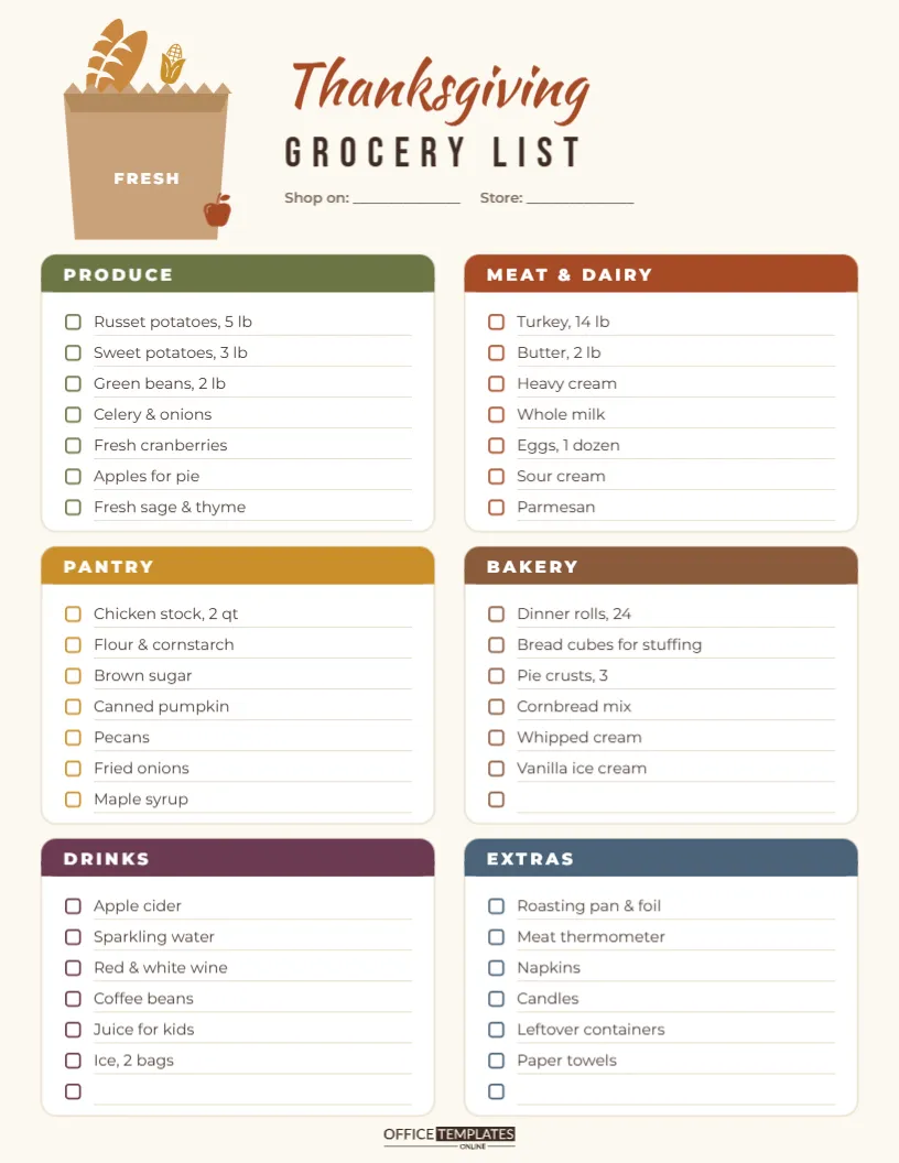 Thanksgiving Grocery Shopping List with Six Store Sections – free editable Thanksgiving template