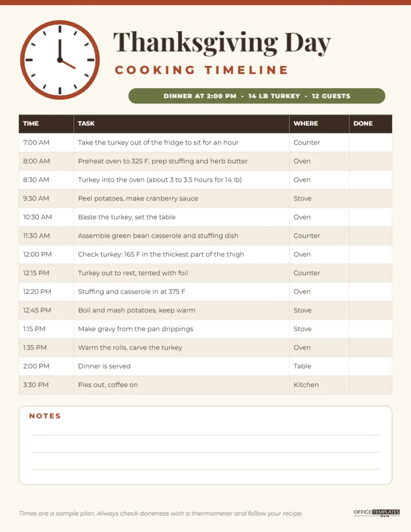 Cook Range Dimensions Thanksgiving Cooking Timeline Template, Printable