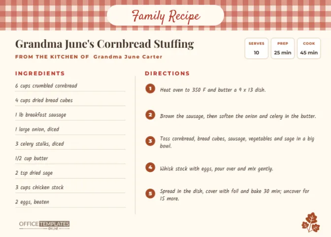 Thanksgiving Recipe Card Template with a Red Gingham Header – free editable Thanksgiving template
