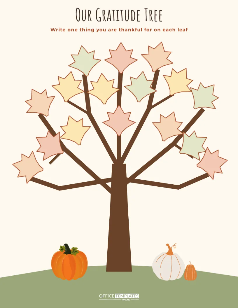 Thanksgiving Gratitude Tree Printable with Sixteen Leaves to Fill – free editable Thanksgiving template