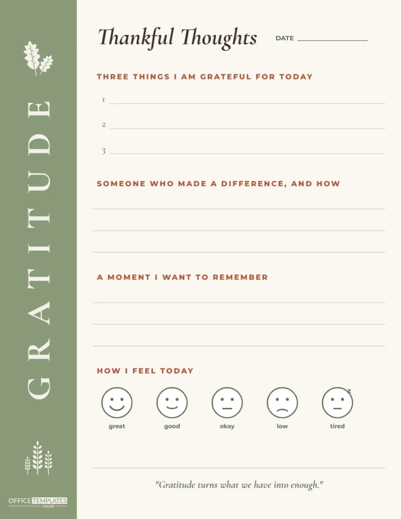Thanksgiving Gratitude Journal Page with Prompts and a Mood Tracker – free editable Thanksgiving template