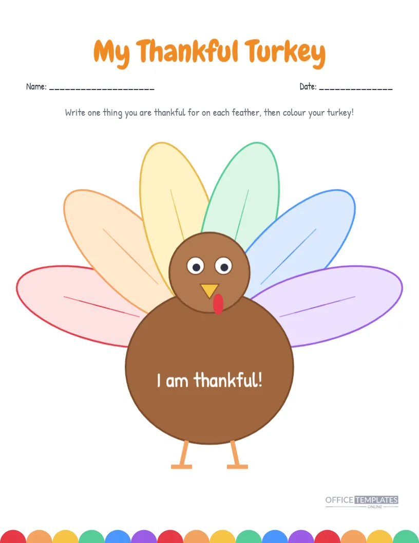 My Thankful Turkey Kids Worksheet with Six Feathers to Fill In – free editable Thanksgiving template