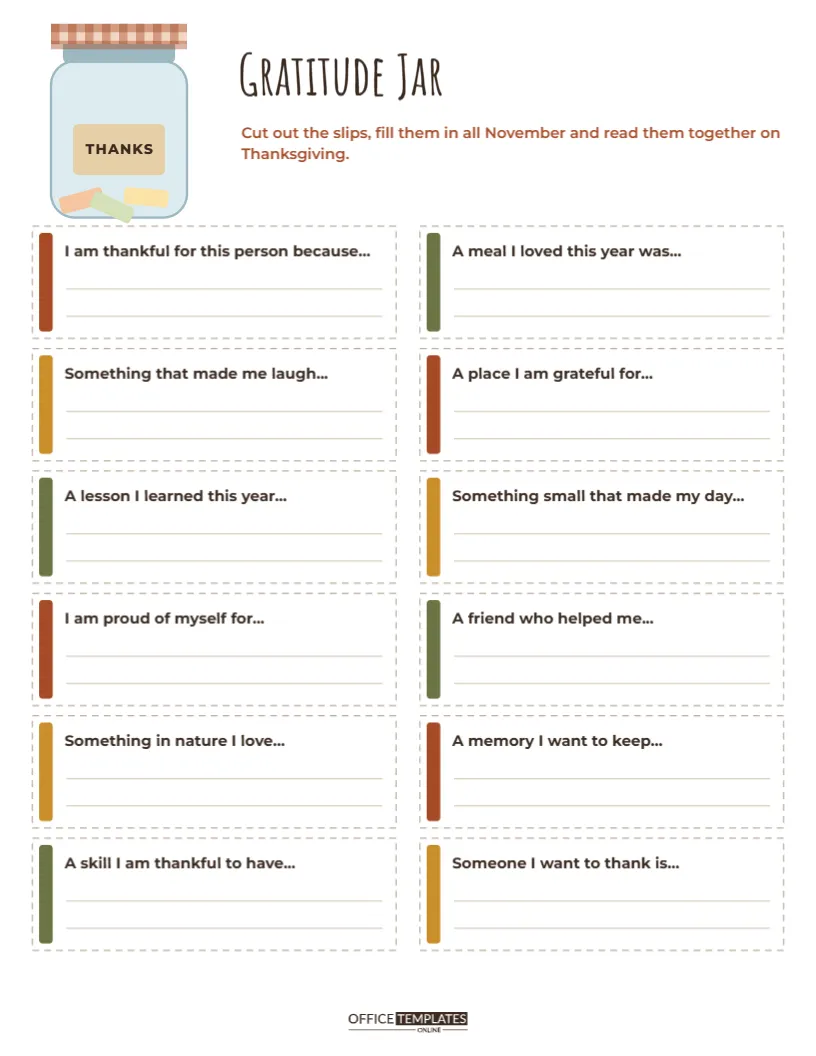 Gratitude Jar Slips Printable with Twelve Thankful Prompts