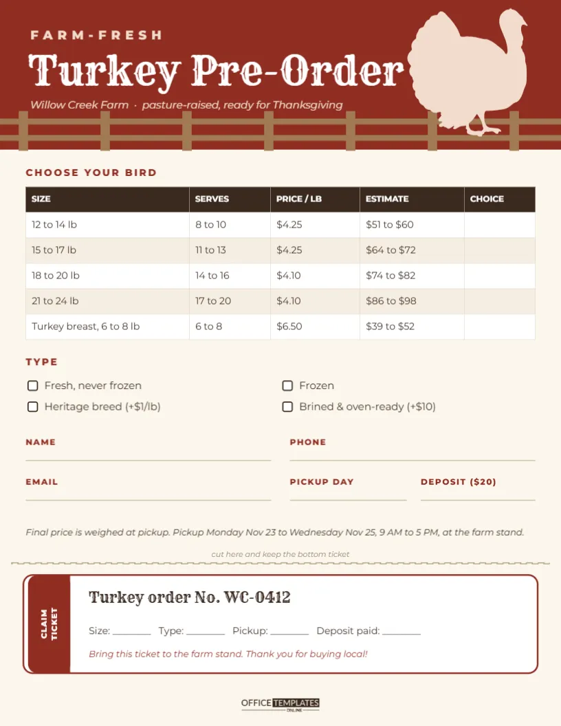 Turkey Pre-Order Form for Farms, Butchers and Markets – free editable Thanksgiving template