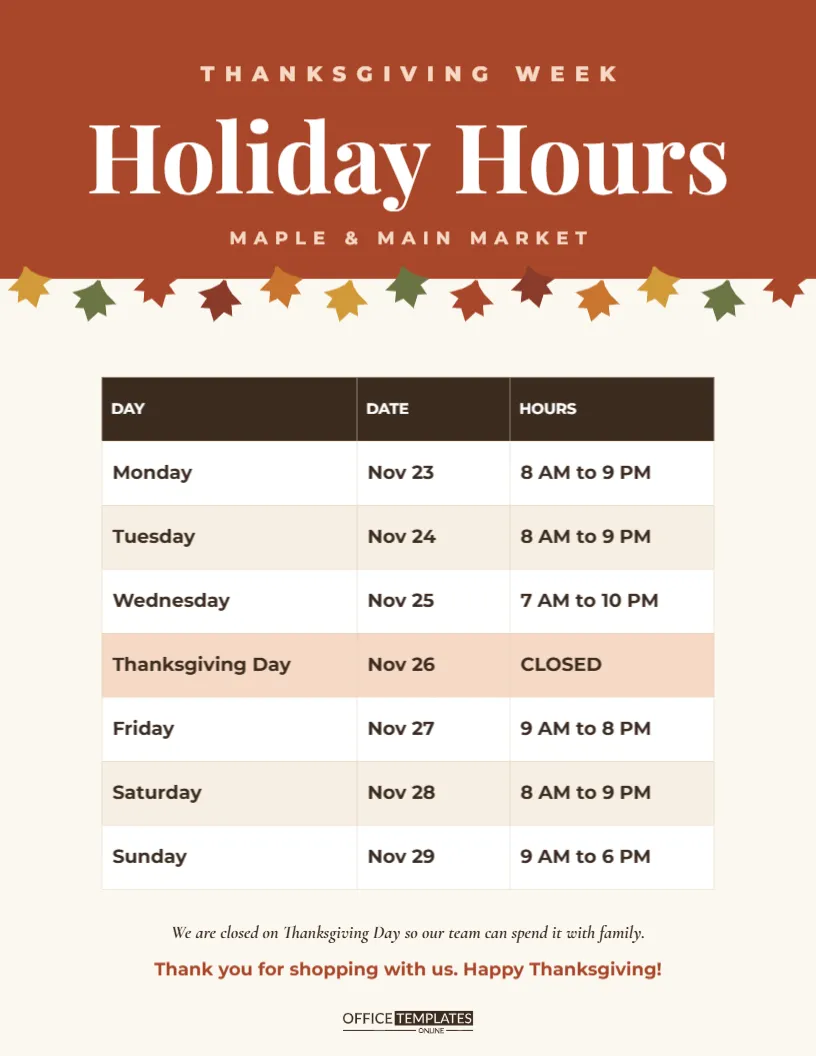 Thanksgiving Holiday Hours Sign for Shops, Offices and Clinics
