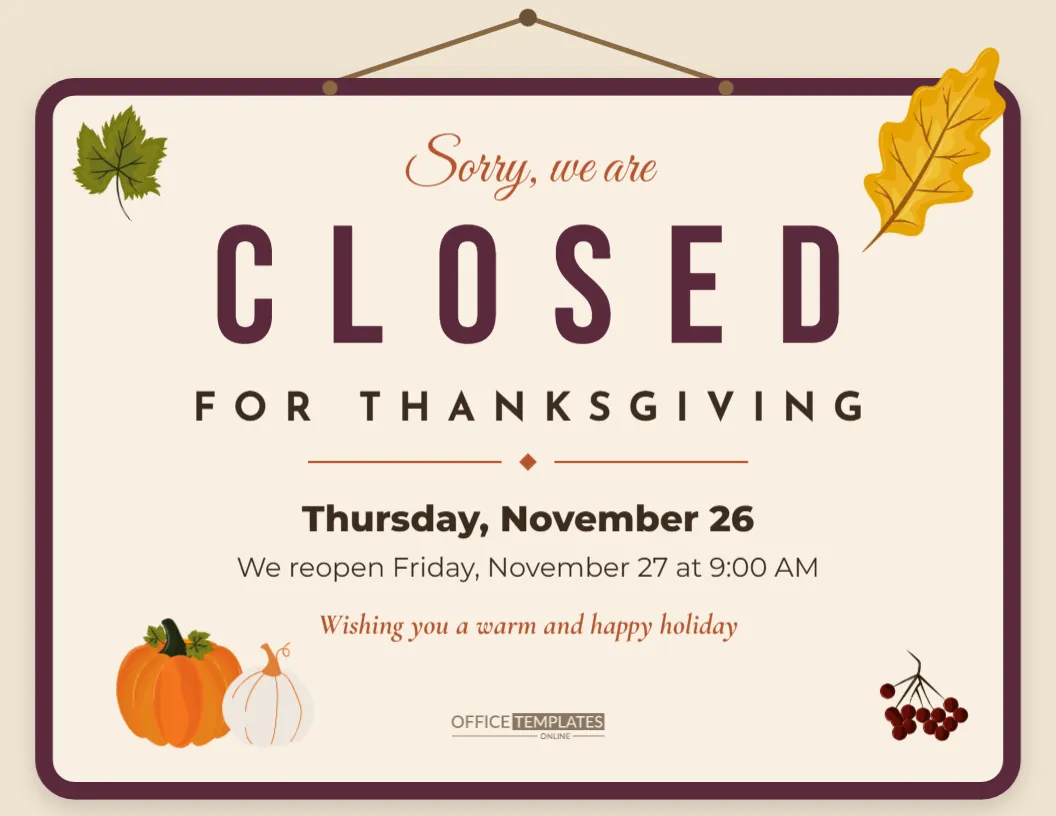 Open Sign Close. Sign Closed for Thanksgiving Sign Template, Printable