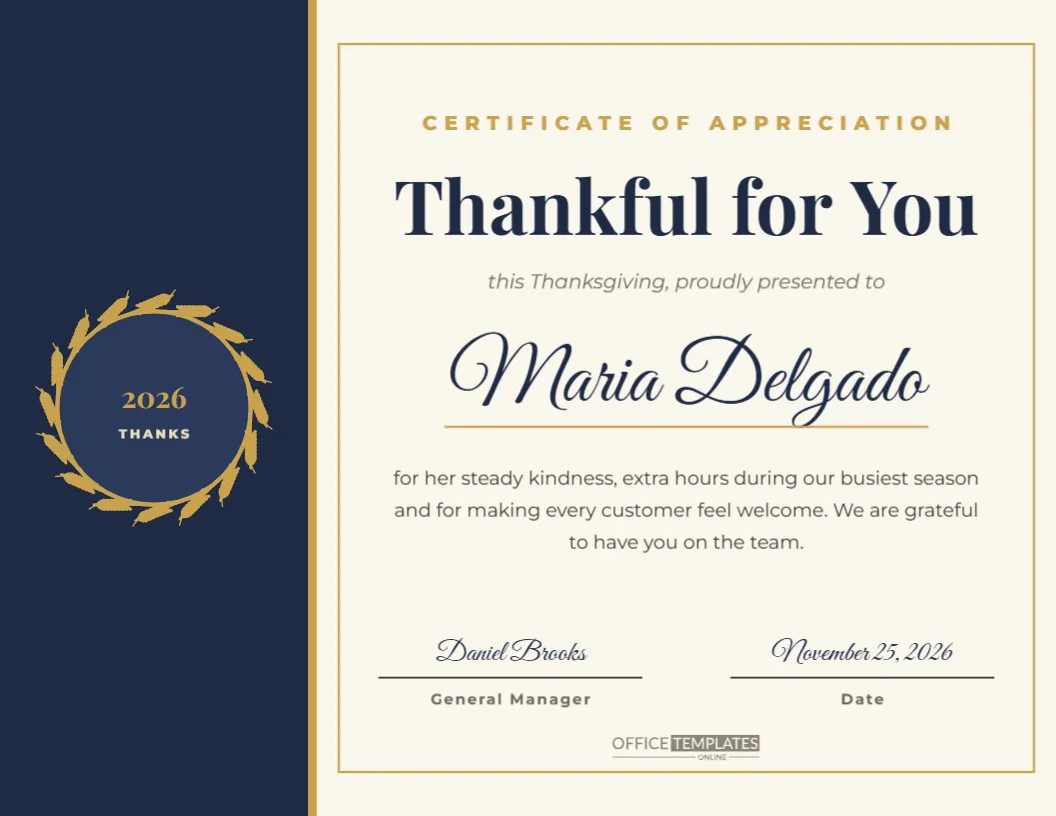 Thanksgiving Employee Appreciation Certificate with a Wheat Seal – free editable Thanksgiving template