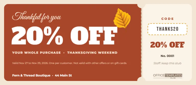 Thanksgiving Customer Coupon Template with a Tear-Off Stub – free editable Thanksgiving template
