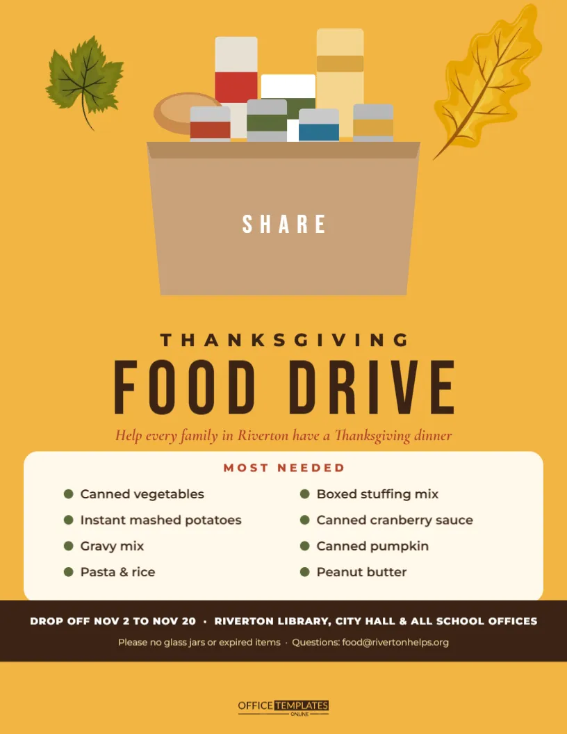 Thanksgiving Food Drive Flyer with a Most Needed Items List – free editable Thanksgiving template