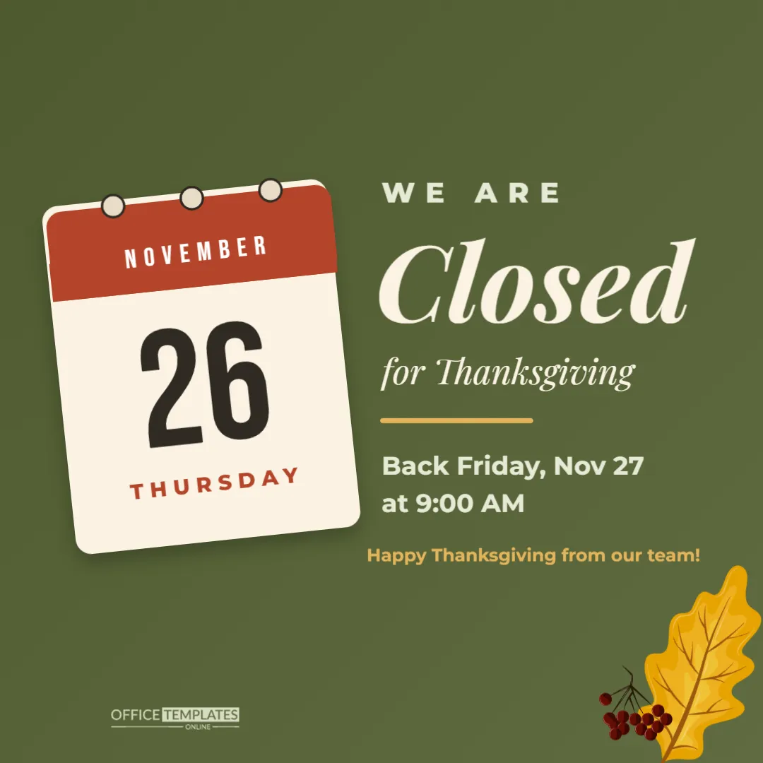 Closed for Thanksgiving Social Post with a Tear-Off Calendar Page – free editable Thanksgiving template