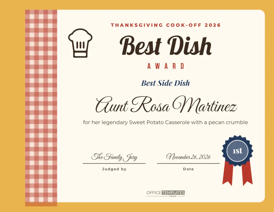 Thanksgiving Best Dish Award Certificate for a Family Cook-Off – free editable Thanksgiving template