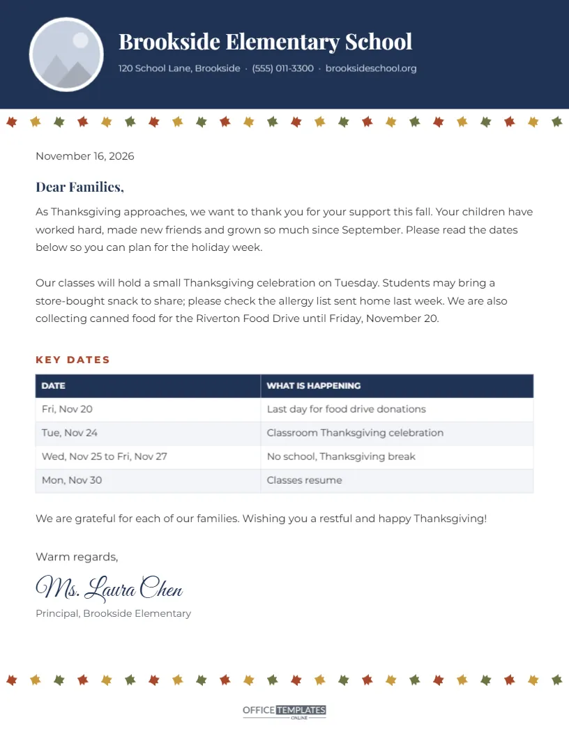 November Lettering Template Thanksgiving Break Letter to Parents Template