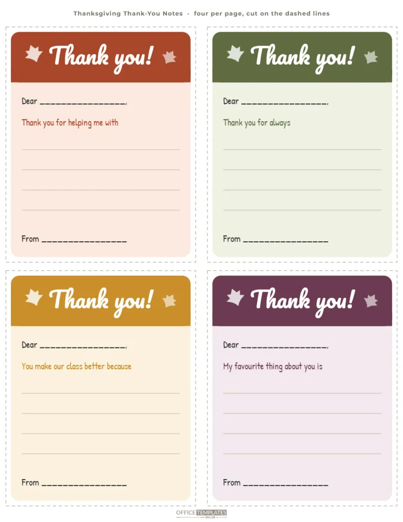 Thanksgiving Thank You Notes for Kids, Printable