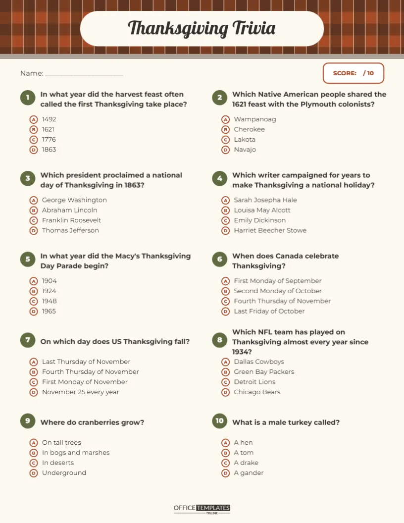 Thanksgiving Trivia Quiz with Ten Questions and an Answer Key – free editable Thanksgiving template