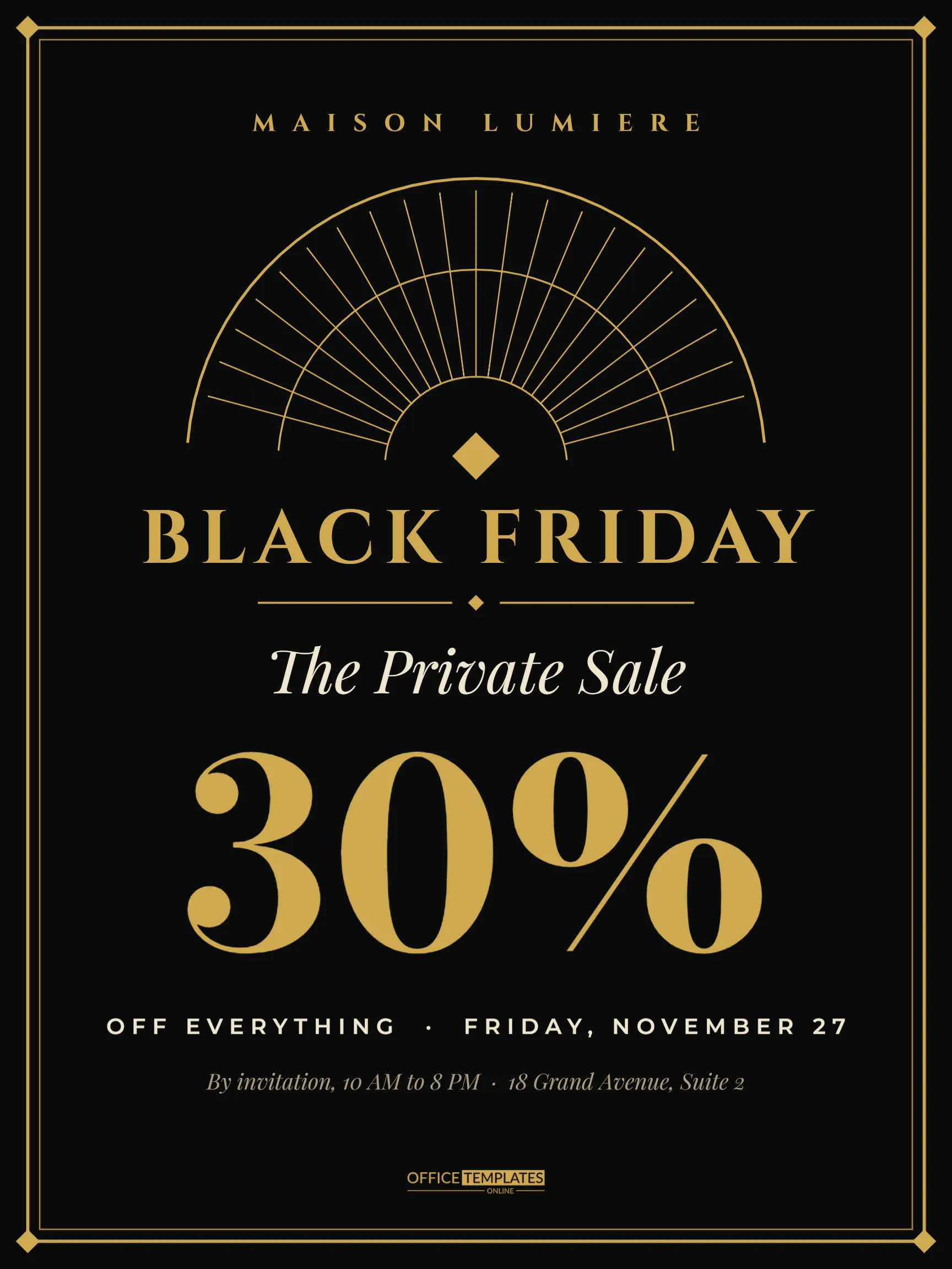 Black Friday Black and Gold Luxury Poster with an Art Deco Fan – free editable Black Friday template