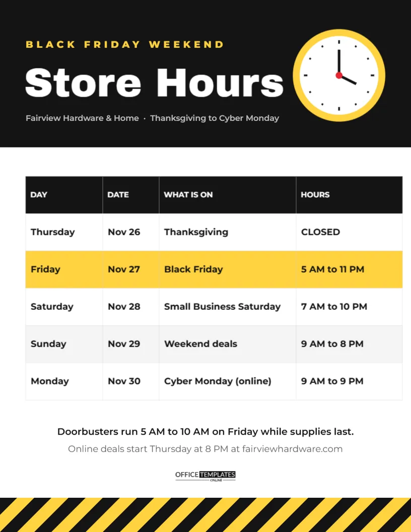 Black Friday Weekend Store Hours Sign with an Editable Table