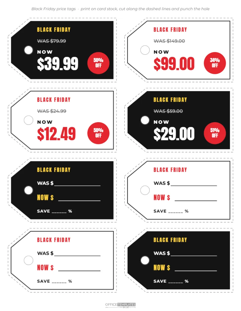Printable Black Friday Price Tags, 8 Swing Tags per Sheet – free editable Black Friday template