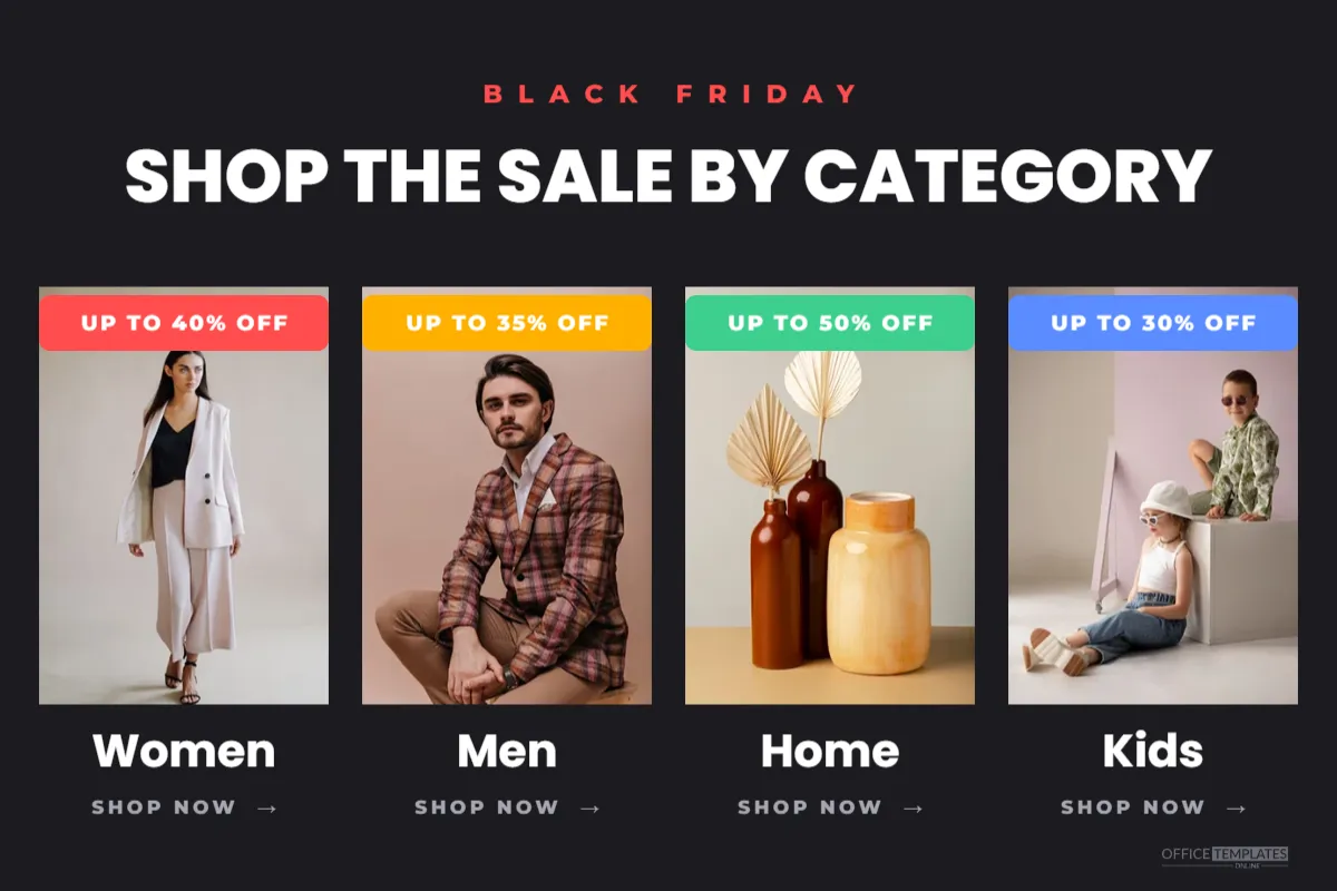 Black Friday Category Sale Banner with Four Photo Tiles (1200 x 800) – free editable Black Friday template
