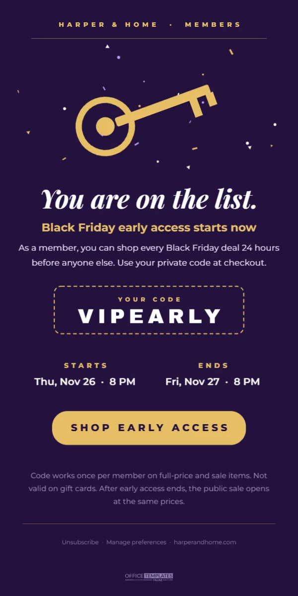 Black Friday Early Access Email Template for Members – free editable Black Friday template