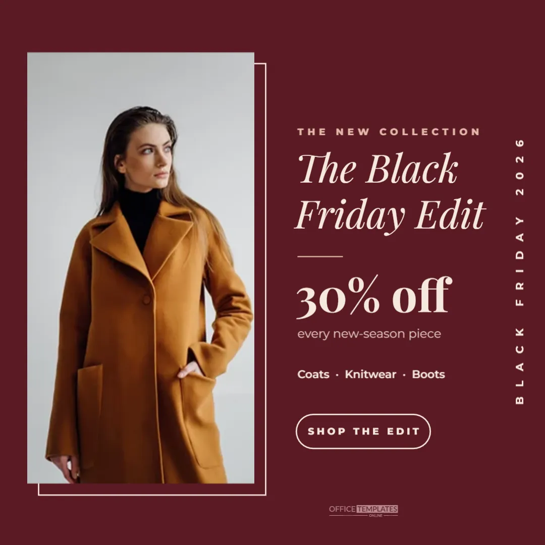 Black Friday Fashion Sale Instagram Post, Editorial Burgundy Style – free editable Black Friday template
