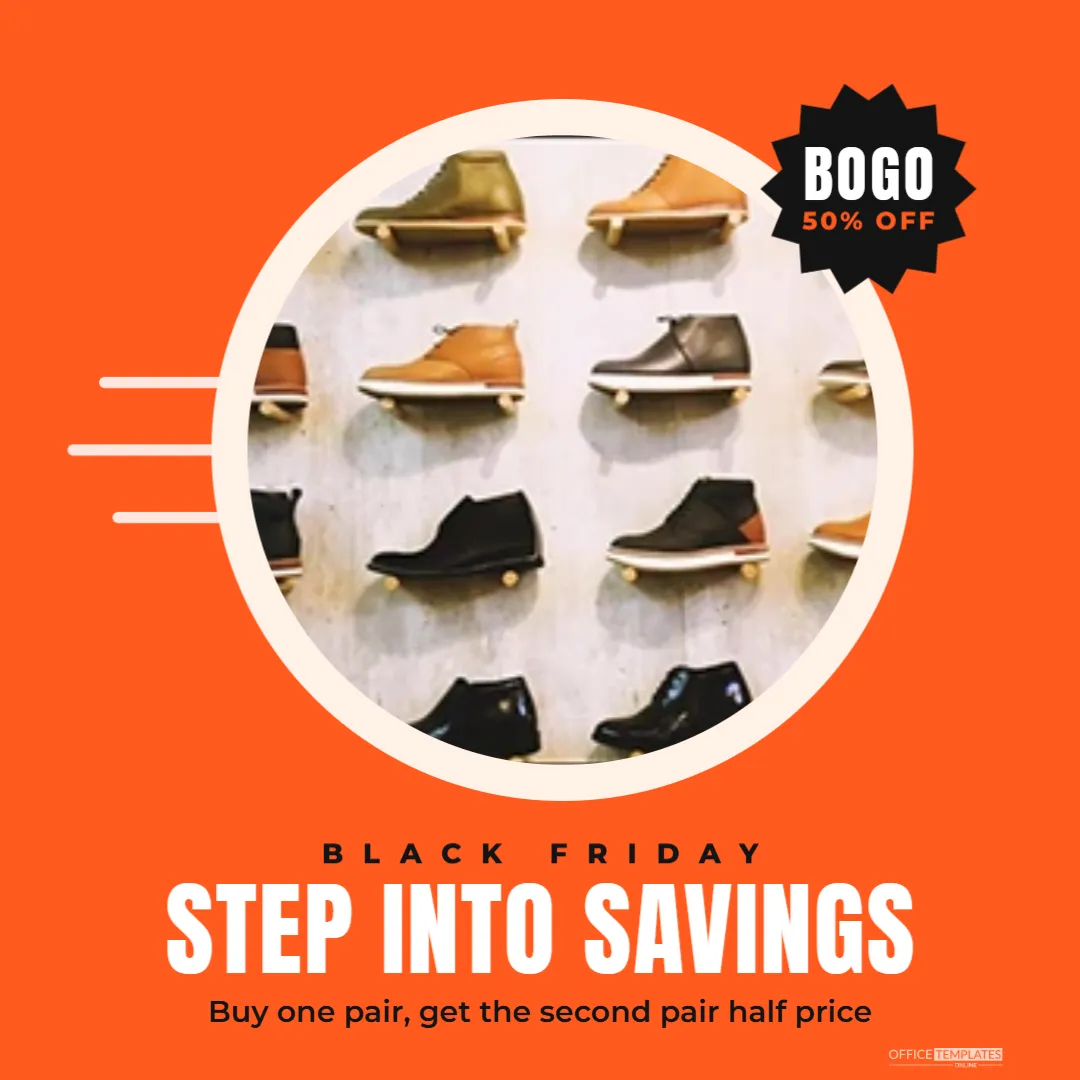 Black Friday Shoes Sale Promotion Post with a BOGO Burst – free editable Black Friday template