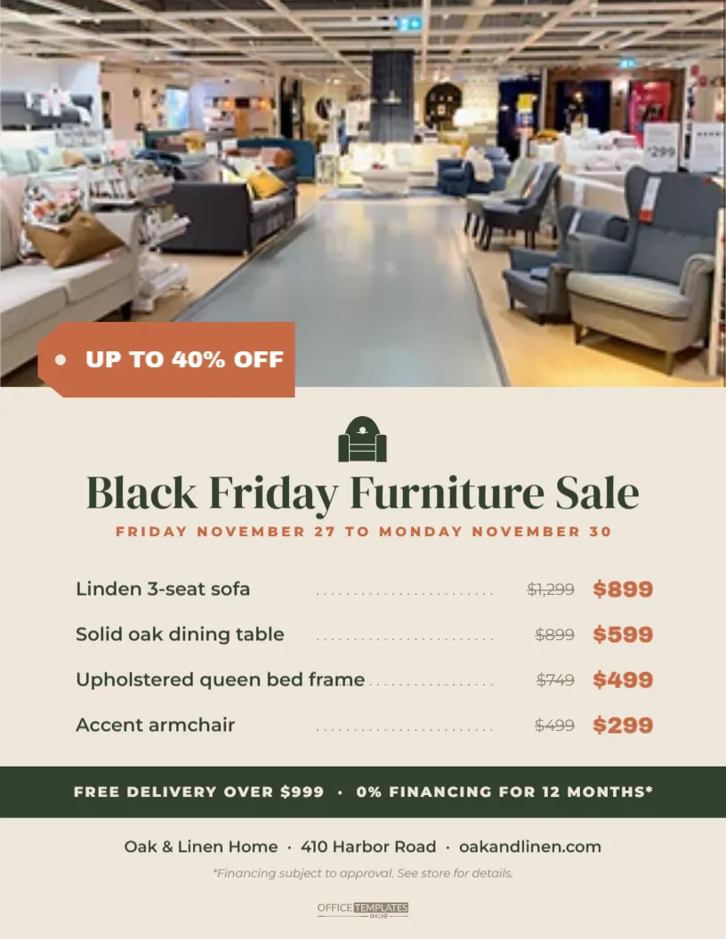 Black Friday Furniture Sale Flyer with Prices and Financing Note – free editable Black Friday template
