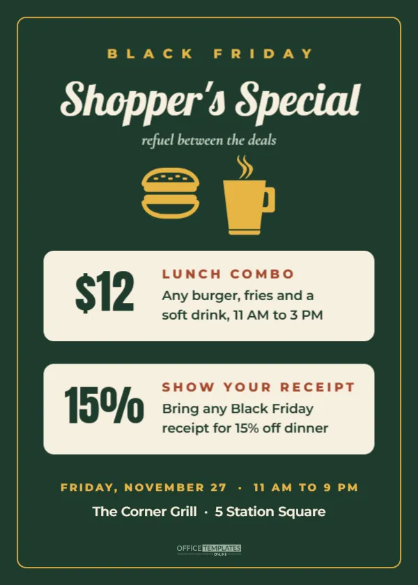 Black Friday Restaurant Special Offer Card for Shoppers (5 x 7) – free editable Black Friday template