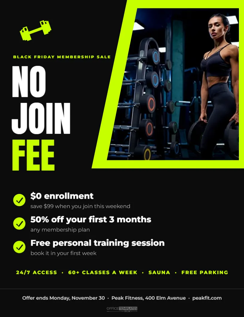 Black Friday Gym Membership Sale Flyer with a No Join Fee Offer – free editable Black Friday template