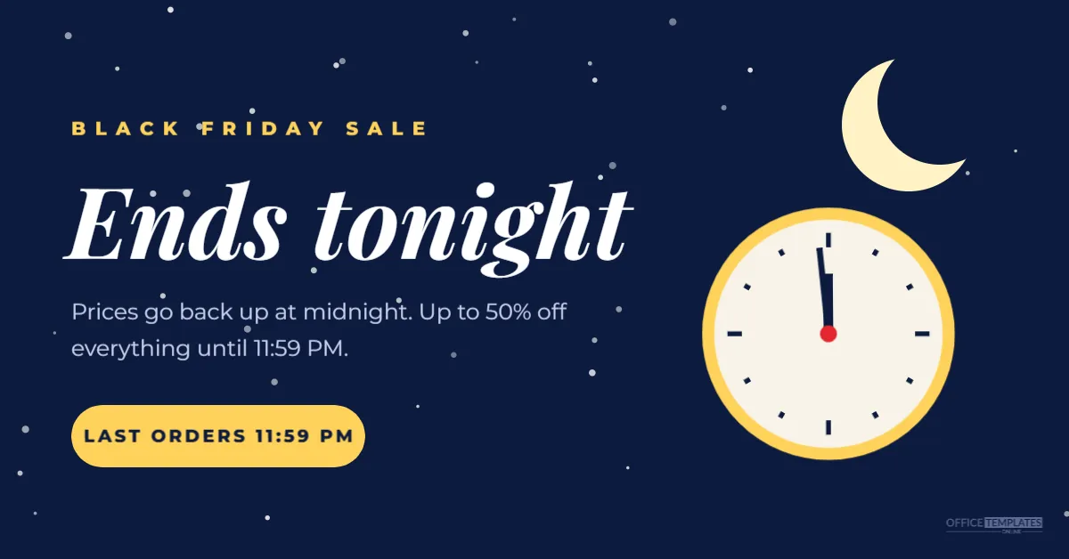Black Friday Sale Ends Tonight Banner with a Moon and Clock – free editable Black Friday template