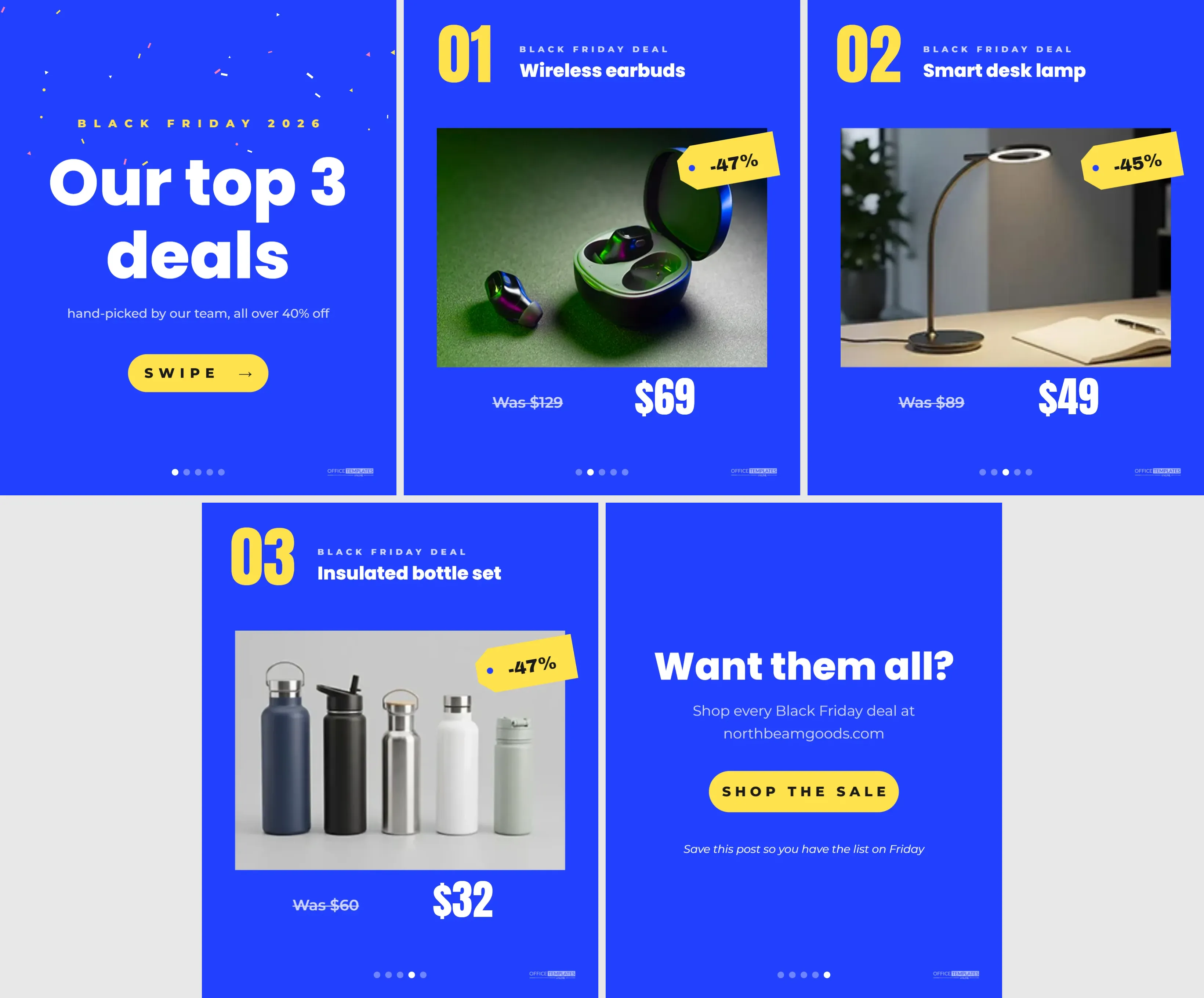 Black Friday Shopping Deals Carousel, Five Instagram Slides – free editable Black Friday template