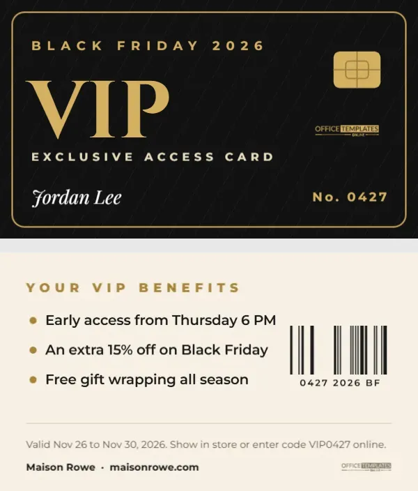 Black Friday VIP Discount Card, Wallet Size Front and Back – free editable Black Friday template