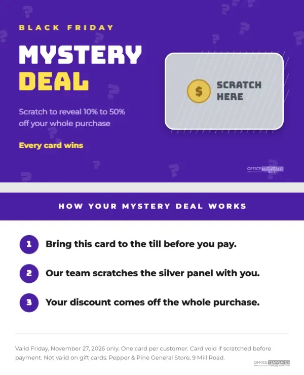 Black Friday Mystery Discount Scratch Card, Front and Back – free editable Black Friday template