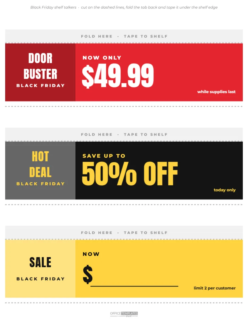 Printable Black Friday Shelf Talkers, Three per Sheet – free editable Black Friday template