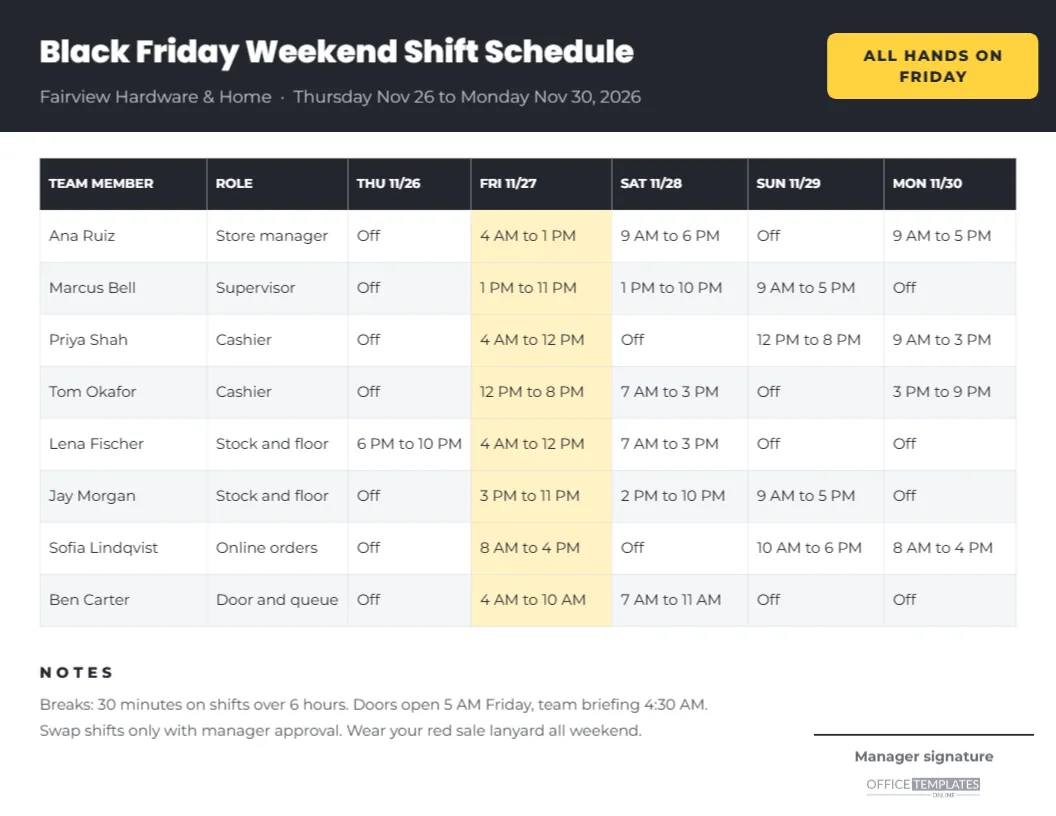 Black Friday Staff Shift Schedule with an Editable Rota Table – free editable Black Friday template