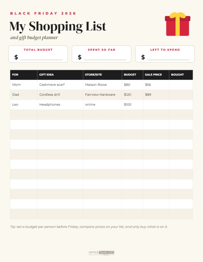 Black Friday Shopping List and Gift Budget Planner, Printable – free editable Black Friday template
