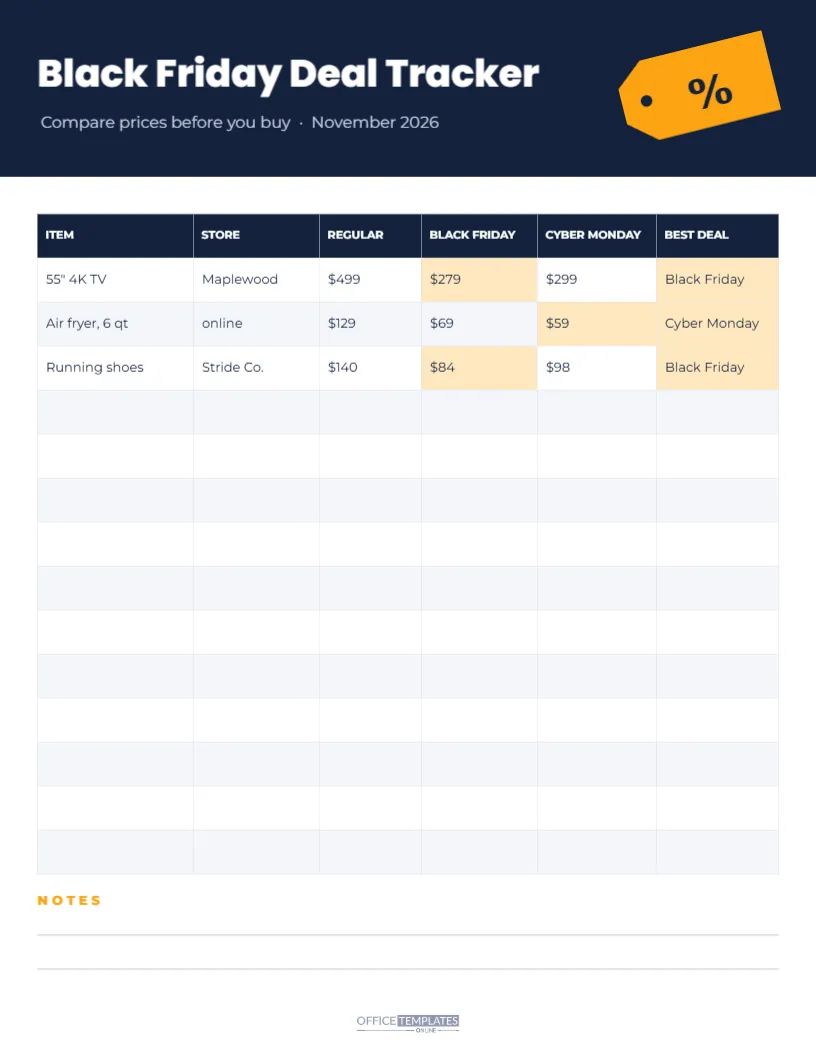 Black Friday Deal Price Tracker, Compare Black Friday and Cyber Monday – free editable Black Friday template