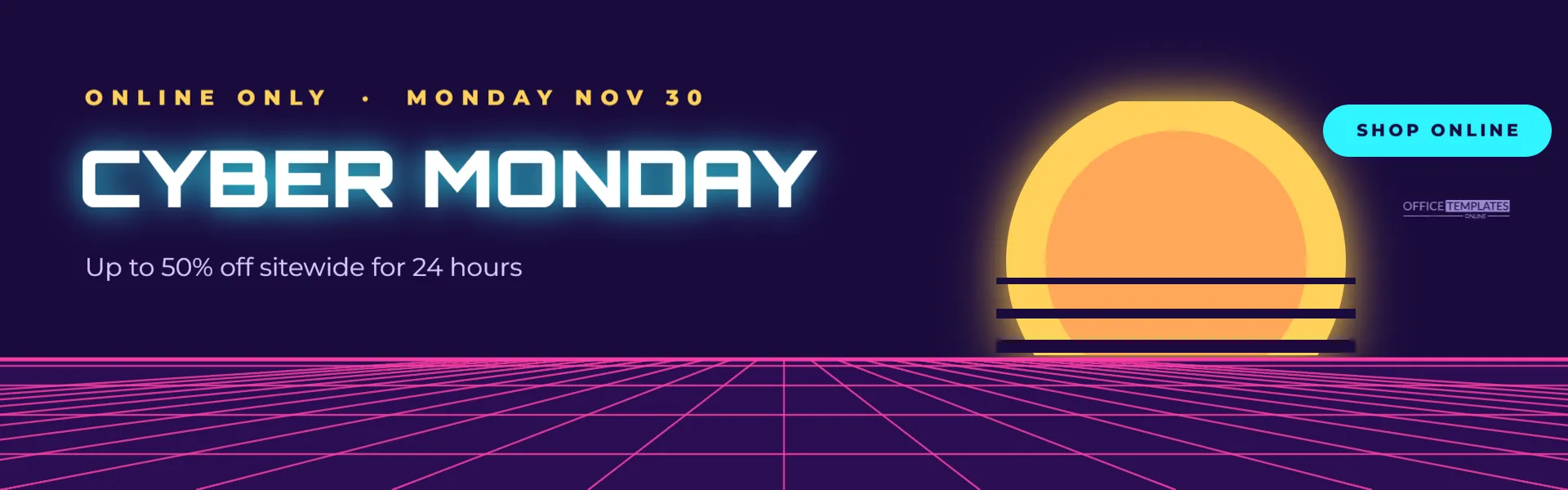 Cyber Monday 2026 Sale Banner in Synthwave Style (1920 x 600) – free editable Black Friday template