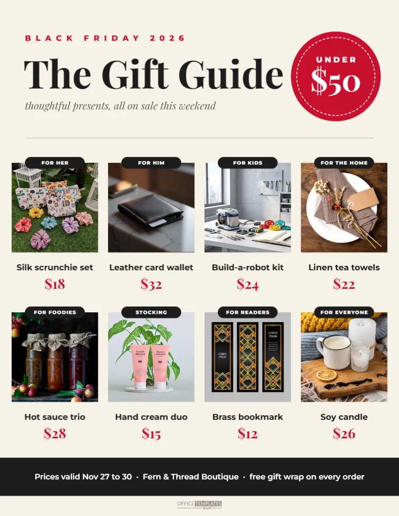 Black Friday Gift Guide Under $50 with Eight Product Cells – free editable Black Friday template