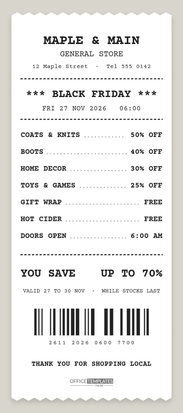 Black Friday Receipt-Style Flyer, a Long Till Receipt of Deals