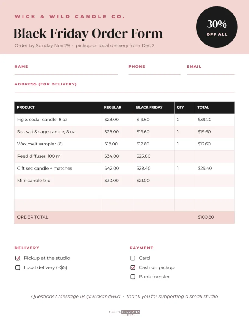 Black Friday Order Form for Small Sellers with a Totals Table – free editable Black Friday template