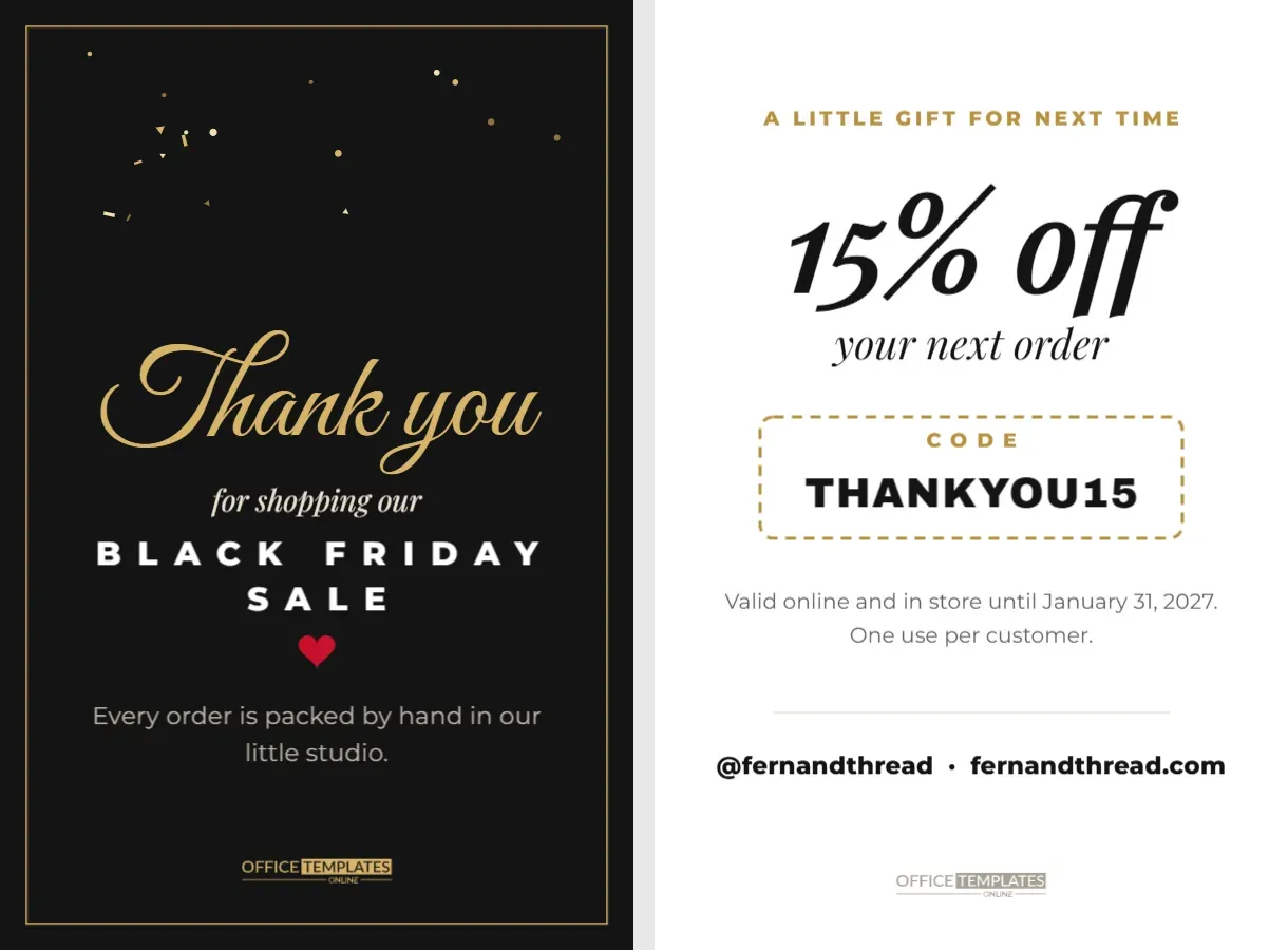 Black Friday Thank You Insert Card with a Next-Order Discount